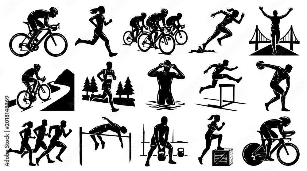 Obraz premium Sports and Fitness Athletes Activities Glyph Icons Set. Black White Running, Cycling, Swimming, Training Silhouettes.