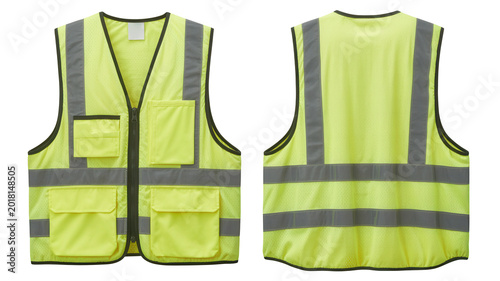 High visibility safety vest with reflective strips and multiple pockets isolated on transparent background for construction or roadwork