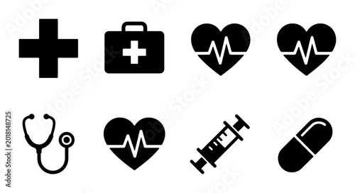 Medical Icons Set: Healthcare, Cardiology, Pharmacy, and Emergency Symbols. Vector Graphics.