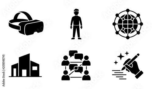 Virtual Reality Headset, Person Silhouette, Network Globe, Modern Building, Teamwork Communication, Writing Hand Icons. Set of 6 black vector graphics.
