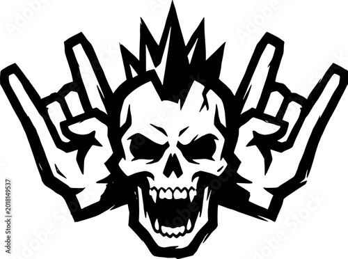 Punk rock skull with mohawk and rock on hand gestures. Black and white vector illustration of a rebellious skeleton head with fangs. Heavy metal and hardcore music concept.