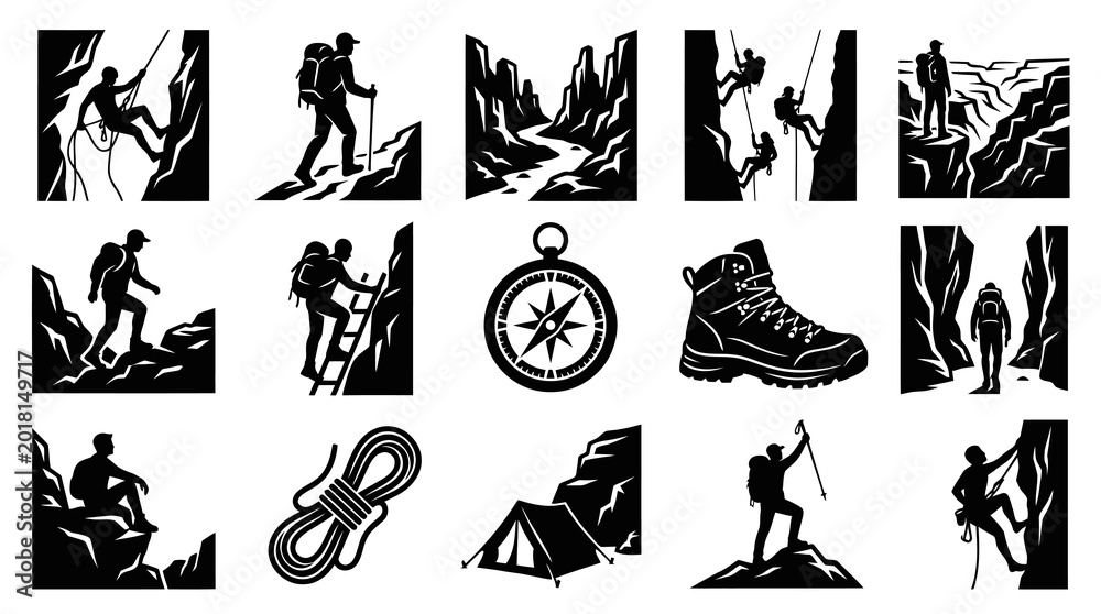 Obraz premium Outdoor Adventure Black White Silhouette Icon Set - Hiking, Climbing, Camping Vector Glyphs