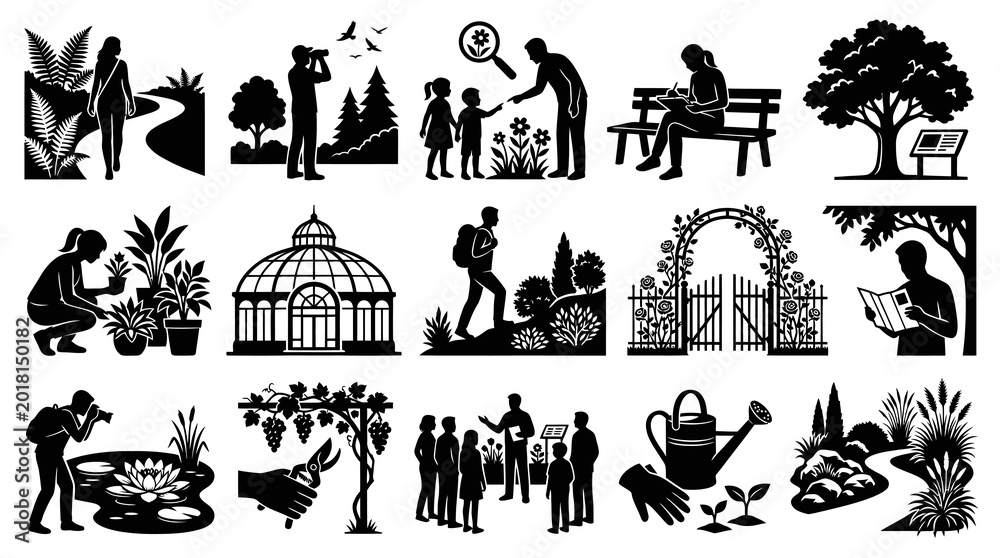 Fototapeta premium Black White Garden Icons: People, Plants, Greenhouse, Tools Nature Scenes