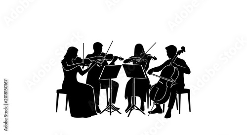 Black silhouette of a string quartet performing classical music on stage.
