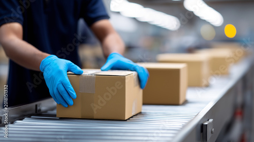 Worker wearing gloves placing cardboard boxes on a conveyor belt in a logistics warehouse.