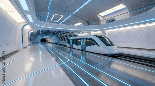 Futuristic High-Speed Train Arriving at a Modern Underground Station with Blue Neon Lights.