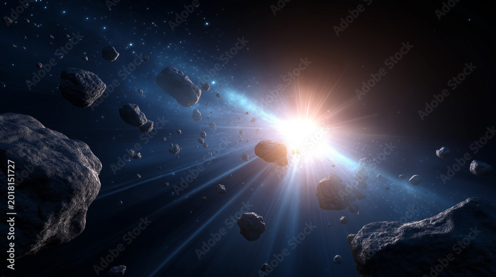 Fototapeta premium Asteroids floating in outer space illuminated by dramatic light rays creating a cosmic scene.