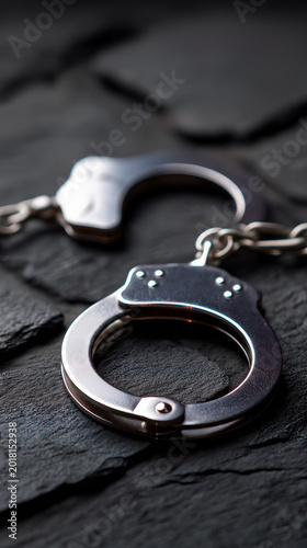 Metal handcuffs placed on a dark textured surface symbolizing law enforcement and criminal justice.