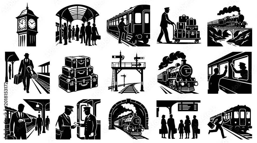 Fototapeta premium Vintage Train Station Silhouette Icons: Travel, Transport, and Retro Railway Journey