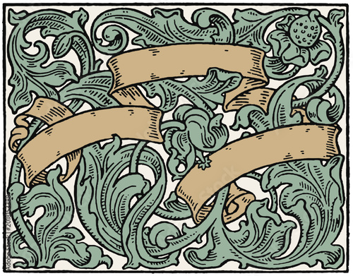 Victorian Floral Scroll Banner Ornament Vector – Authentic 19th Century Decorative Frame EPS