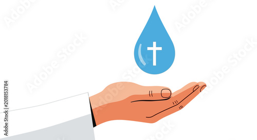 Cuadro en lienzo Christian baptism water drop with cross icon over open hand, religious holy wate