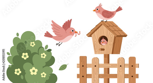 Fotografía Charming garden birdhouse vector illustration, cute pink birds nesting in wooden