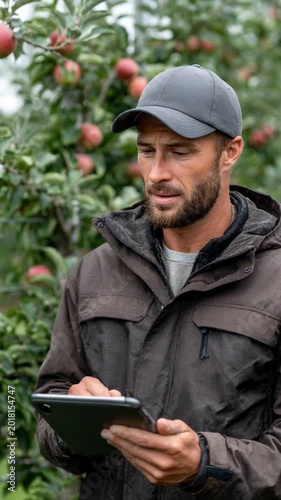 Orchardist with Tech: An orchardist meticulously inspects the ripening fruit on the trees, utilizing a tablet to record data and oversee the orchard's management