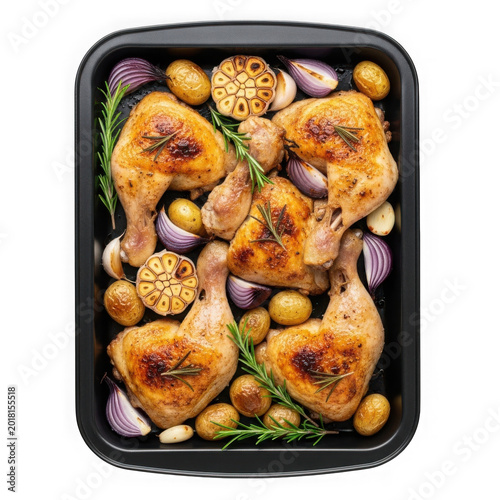 Delicious baked chicken thighs with roasted vegetables in a rectangular baking tray isolated on transparent background