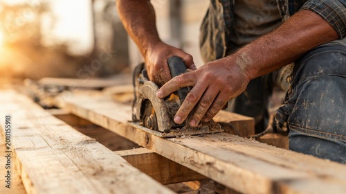 Construction worker cutting wood with a power saw on a jobsite, close up hands and tool for carpentry and building project imagery