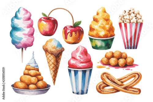 Watercolor Festival Food Clipart Set, Street Snacks Dessert Bundle Isolated on White background
