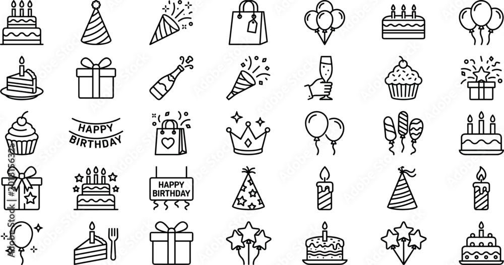 © Shasa icon studio - Hand drawn birthday party icon collection with cake balloons gifts cupcake hats and celebration doodle vector set