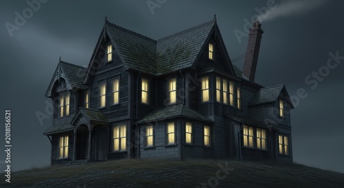 Haunted old victorian style house with warm lights at dusk
