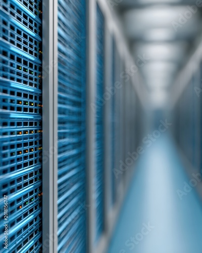 Close Up Data Center Server Rack With Blurred Corridor.