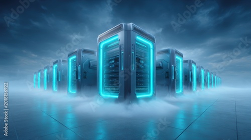 Frozen AI Data Center With Futuristic Server Towers.