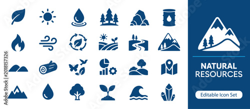 Billede på lærred Natural Resources Solid Icon Set, Environmental and Sustainable Energy Icons for