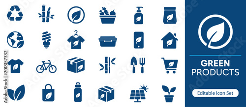 Fotografie Green Products Solid Icon Set, Eco Friendly Sustainable Goods and Organic Natura