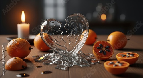 Broken heart-shaped glass dish with candles and donuts on wooden table