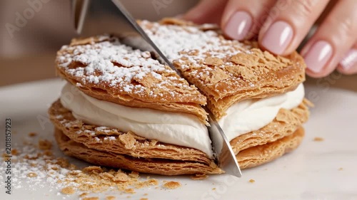 Woman cutting millefeuille pastry with knife. Pastry chef slicing cream dessert on plate. Culinary process of portioning sweet puff pastry snack for serving.