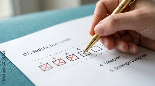 Close up of a hand filling out a customer satisfaction survey with a gold pen