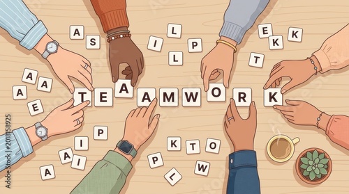 Illustration of hands forming teamwork scrabble letters