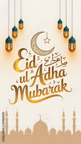 Eid ul adha mubarak greeting card with crescent moon star lanterns and mosque silhouette on beige background, Eid Mubarak Social Media Greeting Post Design with Golden Mosque Illustration and Crescent