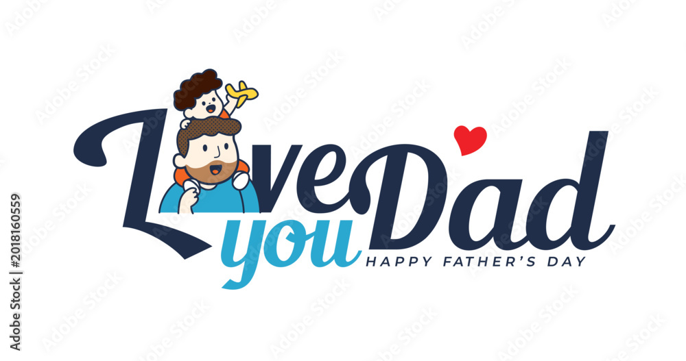 Fototapeta premium Happy Father’s Day greeting card. Father and child love. Vector illustration with father and kids in cute cartoon character style for banner, poster, illustration.