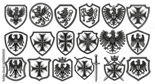 Photos Collection of heraldic shields with eagles lions and crosses.