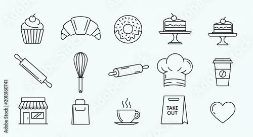 Schilderij op canvas Collection of bakery and coffee shop icons in a simple line art style