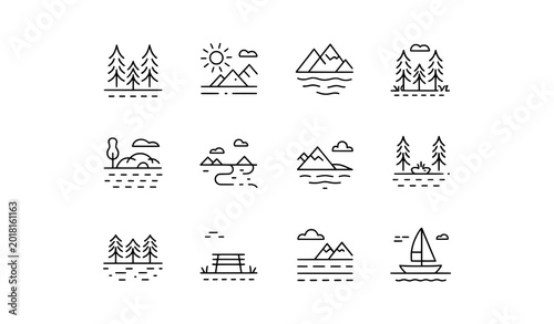 Bild auf Leinwand Nature landscape icons - pine forests mountains lakes sun sailing boat with pine