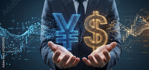 Yen and dollar exchange, International currency trading market, Global financial market trends, Forex trading investment growth, Digital finance currency icons, High tech economic prosperity, Professi