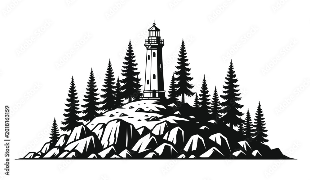 Obraz premium Lighthouse on rocky cliff surrounded by evergreen trees black and white graphic silhouette high quality professional detailed modern elegant stylish clean crisp vibrant colorful