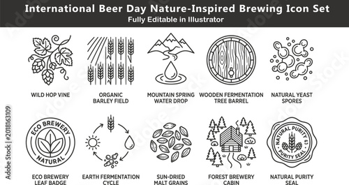 Quadro su tela International Beer Day vector icons set, nature brewing elements, wild hops, org
