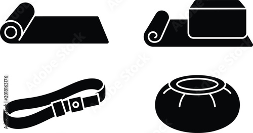 Foto Yoga meditation wellness icon set with mats strap cushion and bolster isolated o
