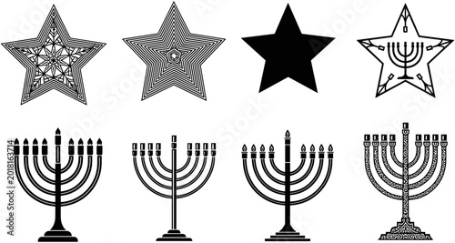 Konstfotografi Collection of Jewish Hanukkah symbols including traditional menorah candelabras and star shapes with intricate patterns, isolated on a white background