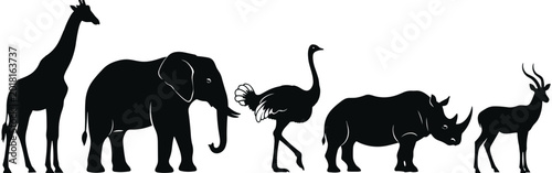 Foto Set of black vector silhouettes featuring African safari wild animals including giraffe, elephant, ostrich, rhinoceros, and antelope for wildlife design