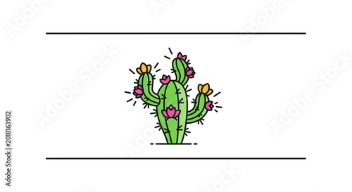 Vibrant Blooming Cactus Illustration with Pink and Yellow Flowers on White Background