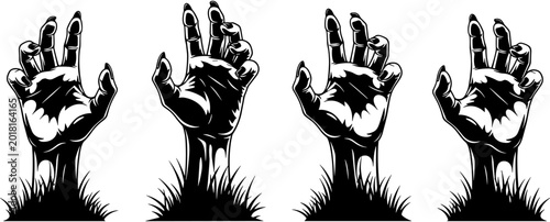 Tableau sur toile Detailed black silhouette illustration of four zombie hands rising from the grass, perfect for spooky Halloween graveyard and horror designs