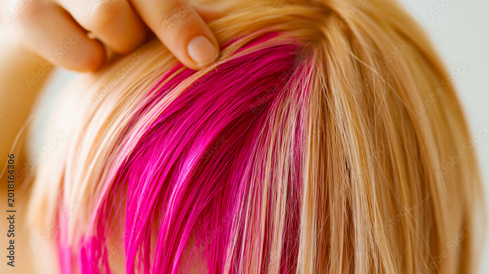 Naklejka premium Stylist lifting blonde hair layer to reveal vibrant pink highlights