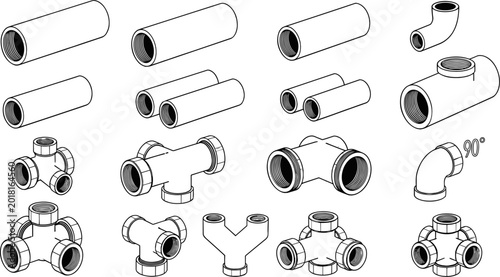 Foto Technical line art set of various PVC pipe fittings including elbows, tees, and connectors, isolated on a white background, illustration