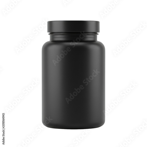 Sleek matte black plastic supplement jar with screw lid stands centered on a transparent background with soft studio lighting premium product concept