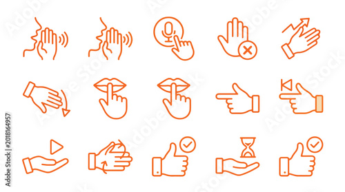 Hand gestures and communication interface line icons set. Icons for whispering, silence, thumbs up, swipe, and touch control. Thin line editable stroke illustrations.
