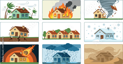 Foto Natural disaster scene collection with tornado wildfire earthquake flood snowsto
