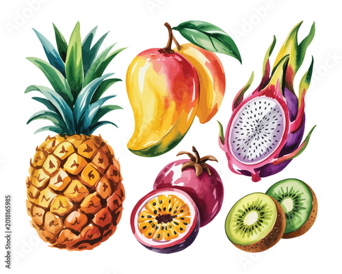 Hand-Painted Tropical Fruits Watercolor Bundle, Fresh Fruit Clipart Set Illustration