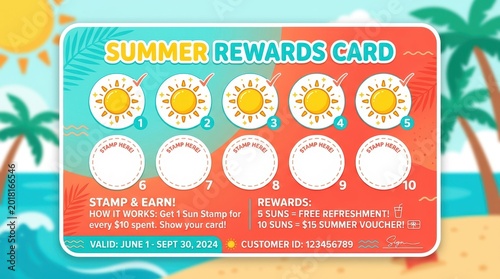 Summer rewards card with stamps and sun illustrations
